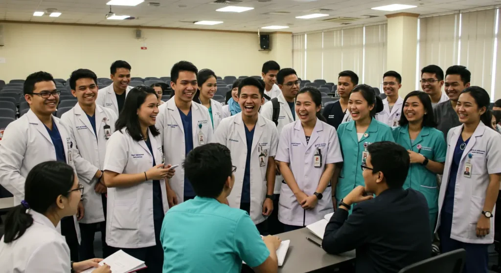 Group of medical students in Malaysia wearing scrubs and lab coats during class – student discount uniforms